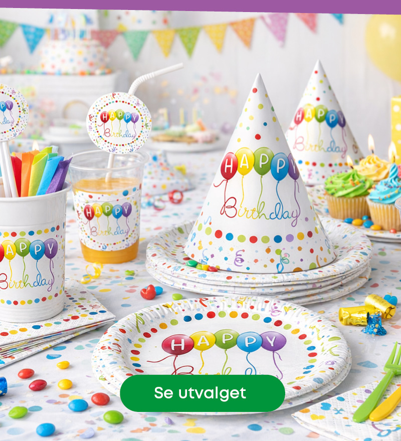Bursdagstema til barnebursdag med pynt, farger og motiver barna elsker