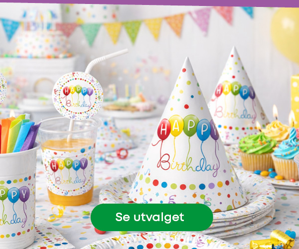Bursdagstema til barnebursdag med pynt, farger og motiver barna elsker