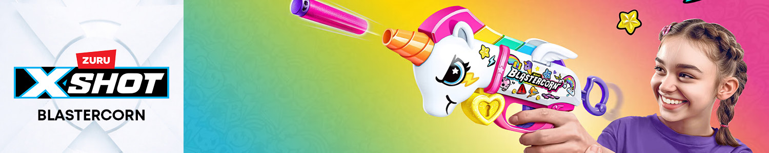 XSHOT Blastercorn blaster med enhjørningdesign og fargerik stil for kreativ lek