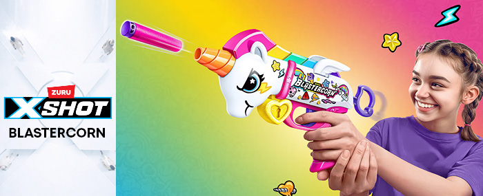 XSHOT Blastercorn blaster med enhjørningdesign og fargerik stil for kreativ lek