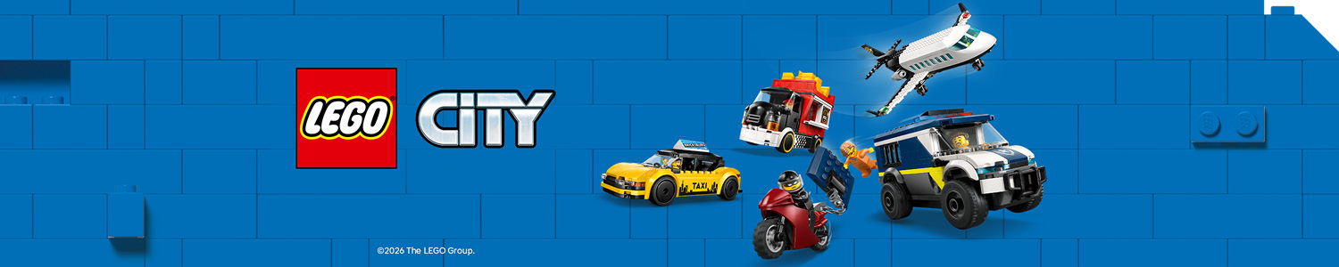 LEGO City byggesett med hverdagslige scener, kjøretøy og figurer for kreativ rollelek.